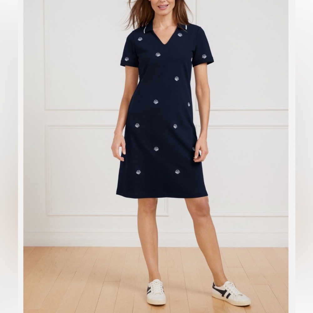 Talbots Piqué Polo Navy Short-Sleeve V-Neck with Seashells Shirt Dress XS